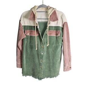 Corduroy Snap Up Jackey Green Tan Hooded Shacket Medium Frayed Hem
